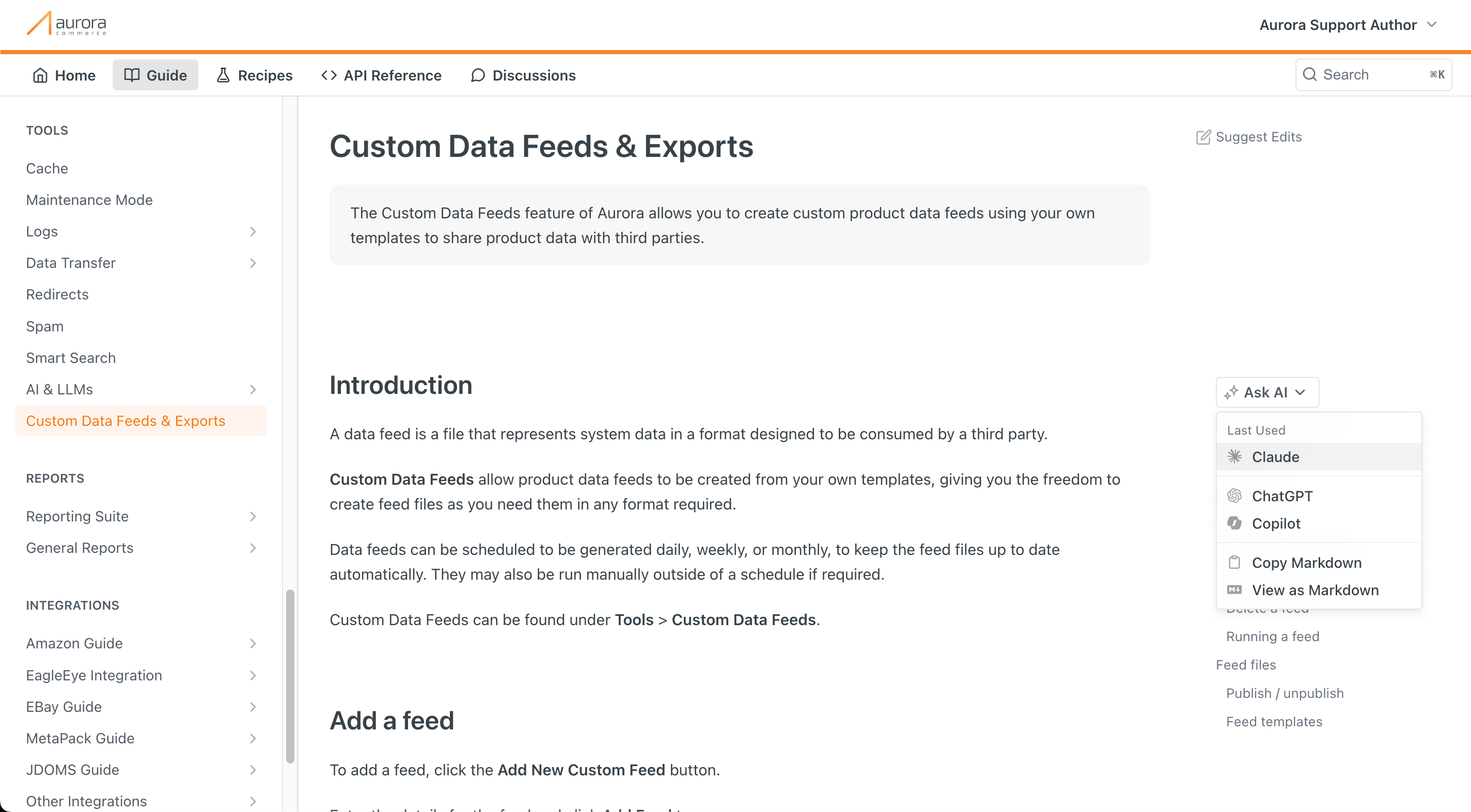 Ask AI feature in Aurora Commerce documentation showing AI assistant options